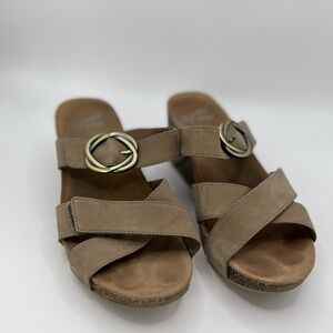 Dansko Shoes Women 37 Tan Wedge Sandals Slide Susie Taupe Milled Nubuk Hook Loop
